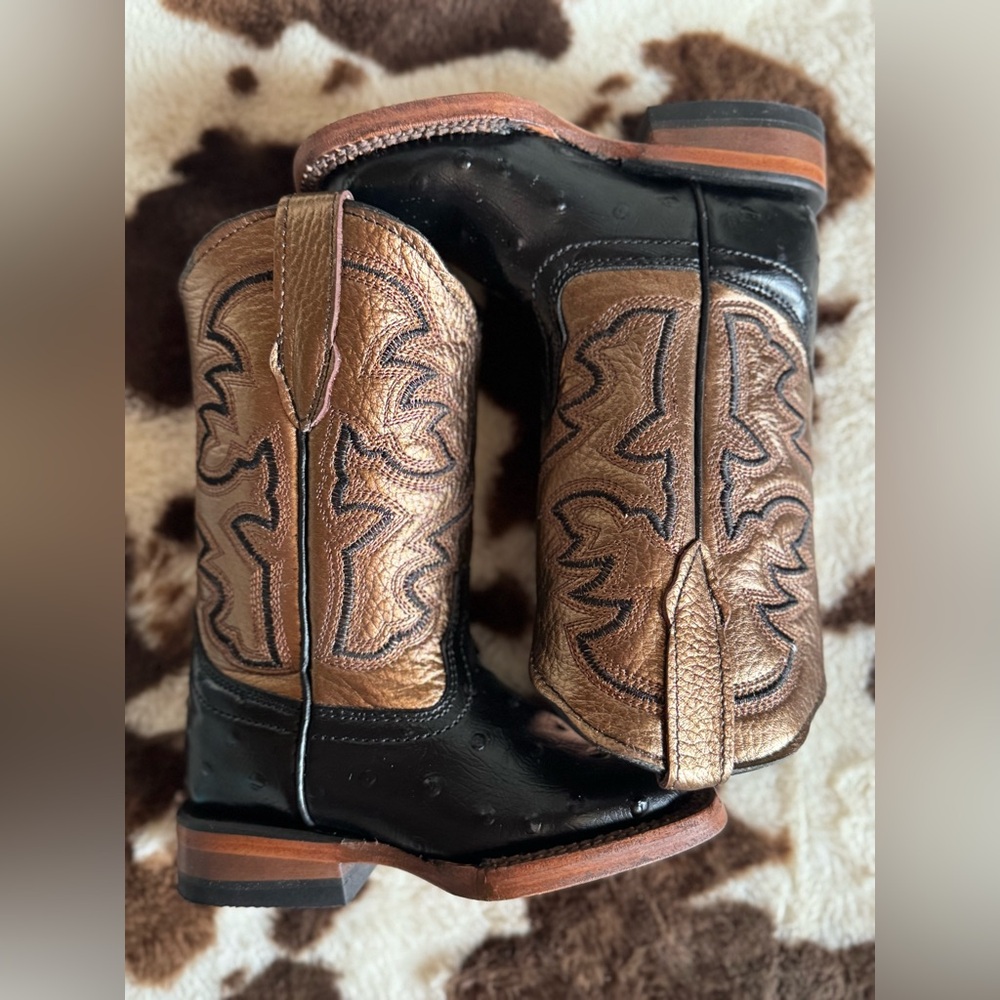 Girls Brown and Black Metallic Ostrich Western Cowboy Boots